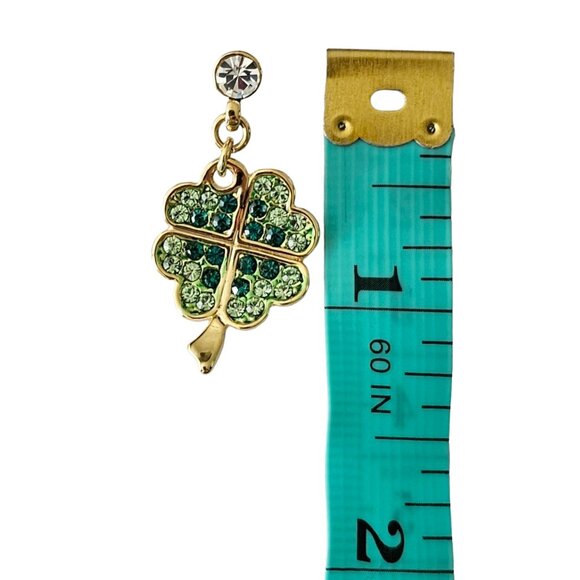Gold Tone Green Rhinestone Pave Four-Leaf Clover Dangle Lapel Tie Scarf Pin L267 - Picture 8 of 9